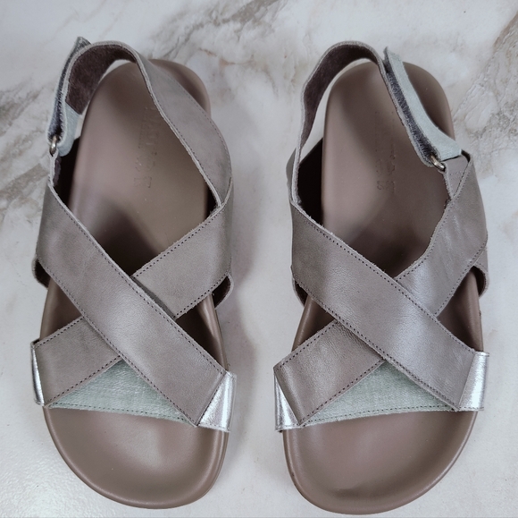 EUC Naot Taupe Teal Leather Criss Cross Ankle Strap Comfort Walking Sandals, 6.5 - Picture 1 of 10